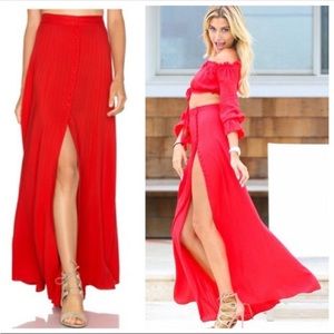 MAJORELLE- Sangria Maxi Skirt button down in red with slit. Size M.